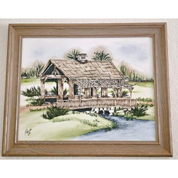 PICTURE ART-Black Ink and Oil [rouging]-Handmade-Covered Bridge-14"x16" Framed - Picture 1 of 9